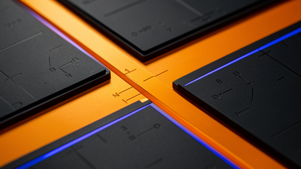 Machined black instrument surfaces intersected by a precise orange channel