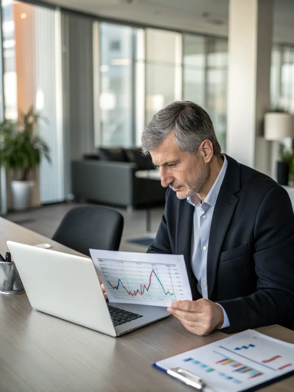 A professional investor analyzing financial data on a computer screen, showcasing GWC Equity's data-driven investment approach.