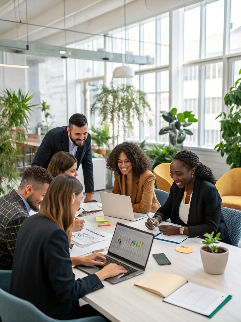 A diverse group of professionals collaborating in a modern office, representing GWC Equity's team-based investment strategy.
